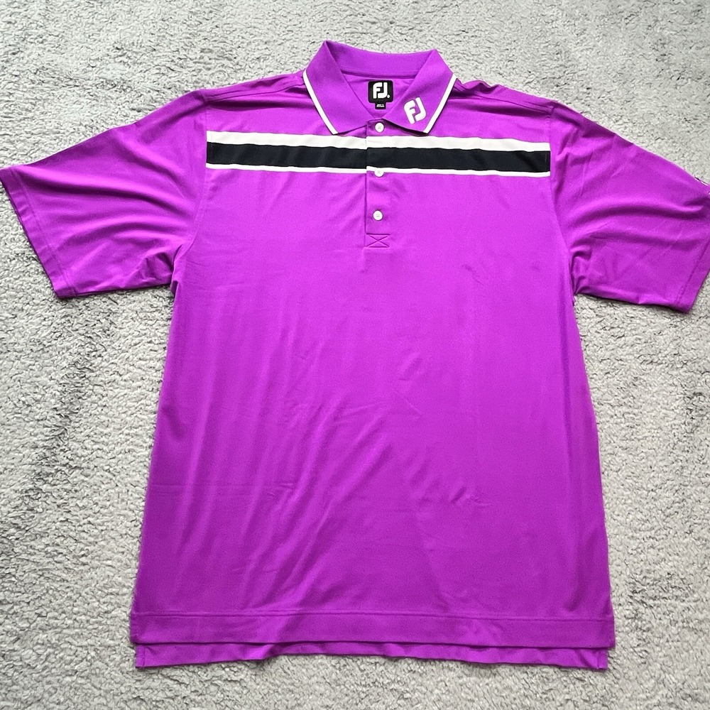 FootJoy Performance Polo Mens‎ XL Stretch Golf Shirt Purple w/ Blue White Stripe
